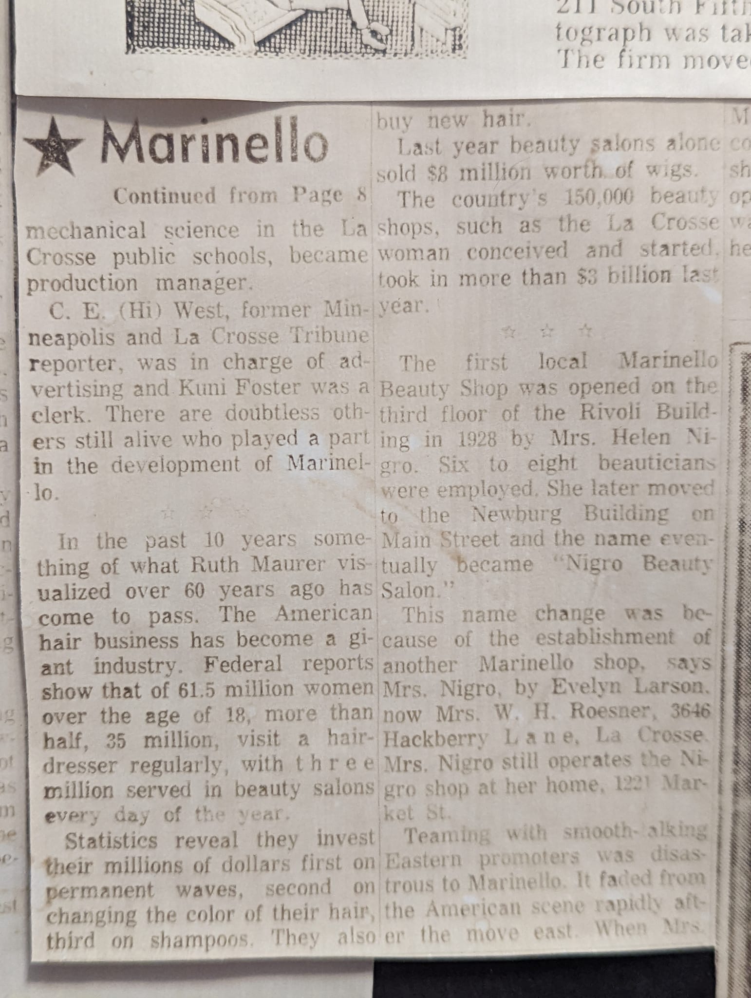 La Crosse Tribune newspaper clipping mentioning Helen Nigro's beauty salon